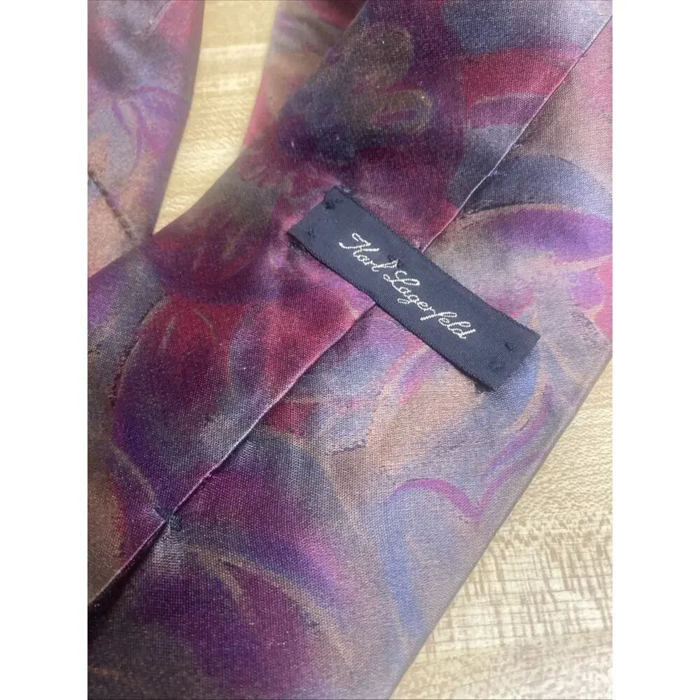 90s KARL LAGERFELD 100% Silk Men's Tie Made N Costa Rica Red Purple Muted Floral